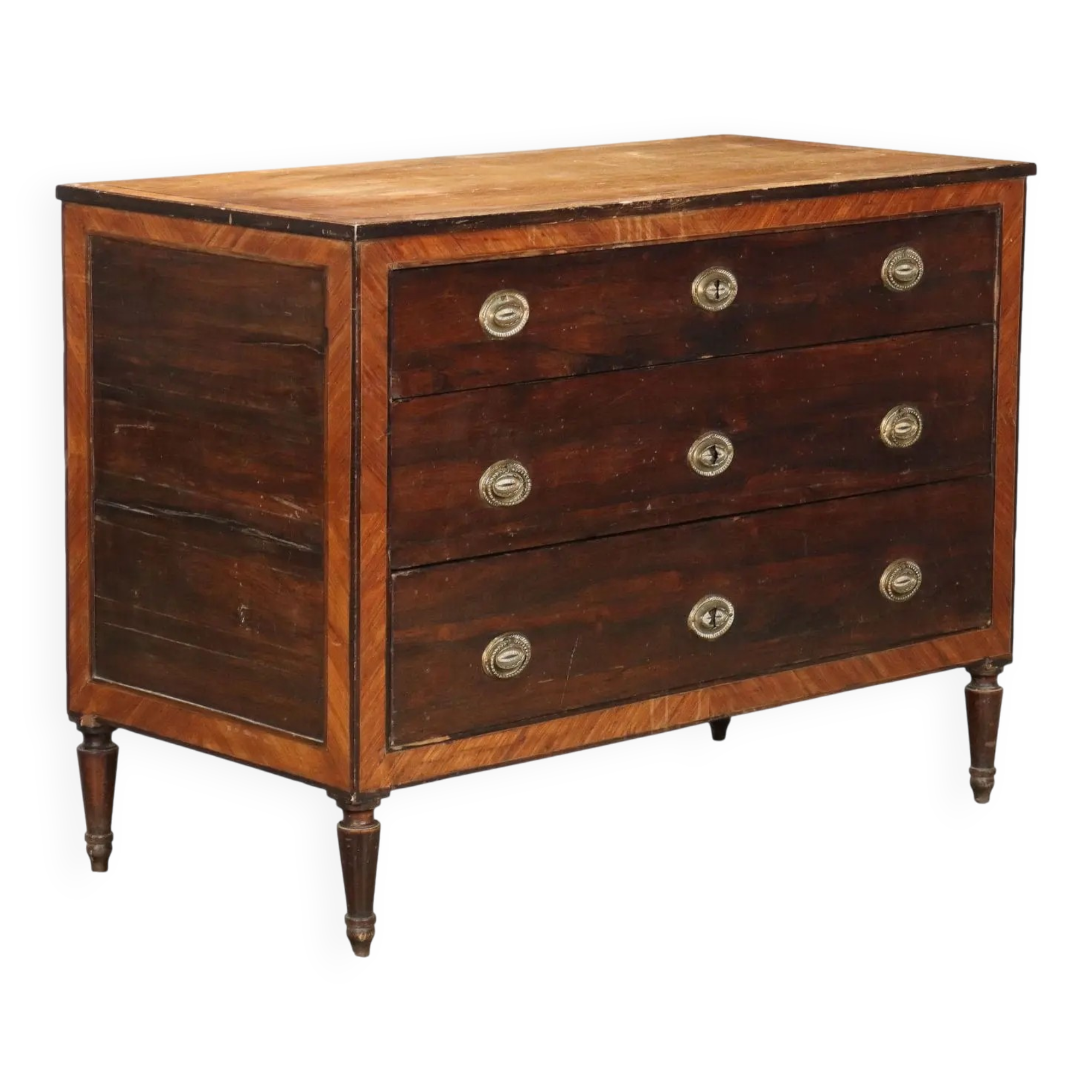 Antique Louis XVI commode in fir and walnut, Italy, 18th century.