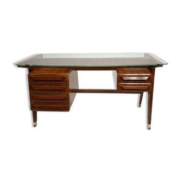 Wood and Brass Desk attributed to Vittorio Dassi, Italy, 1950s
