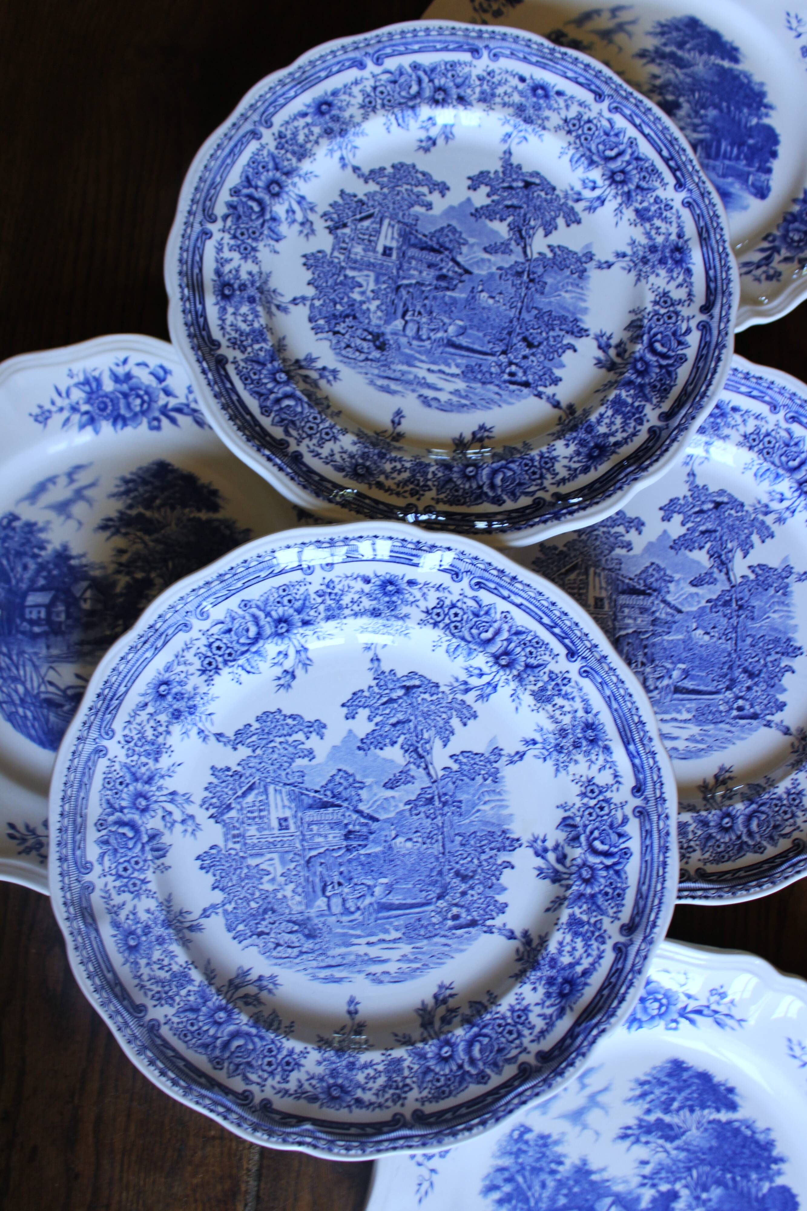 6 romantic blue Lunéville Sarreguemines dinner plates