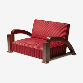 French Art Deco Sofa in Red Striped Velvet and with Swoosh Armrests - 1940's