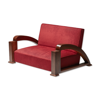 French Art Deco Sofa in Red Striped Velvet and with Swoosh Armrests - 1940's