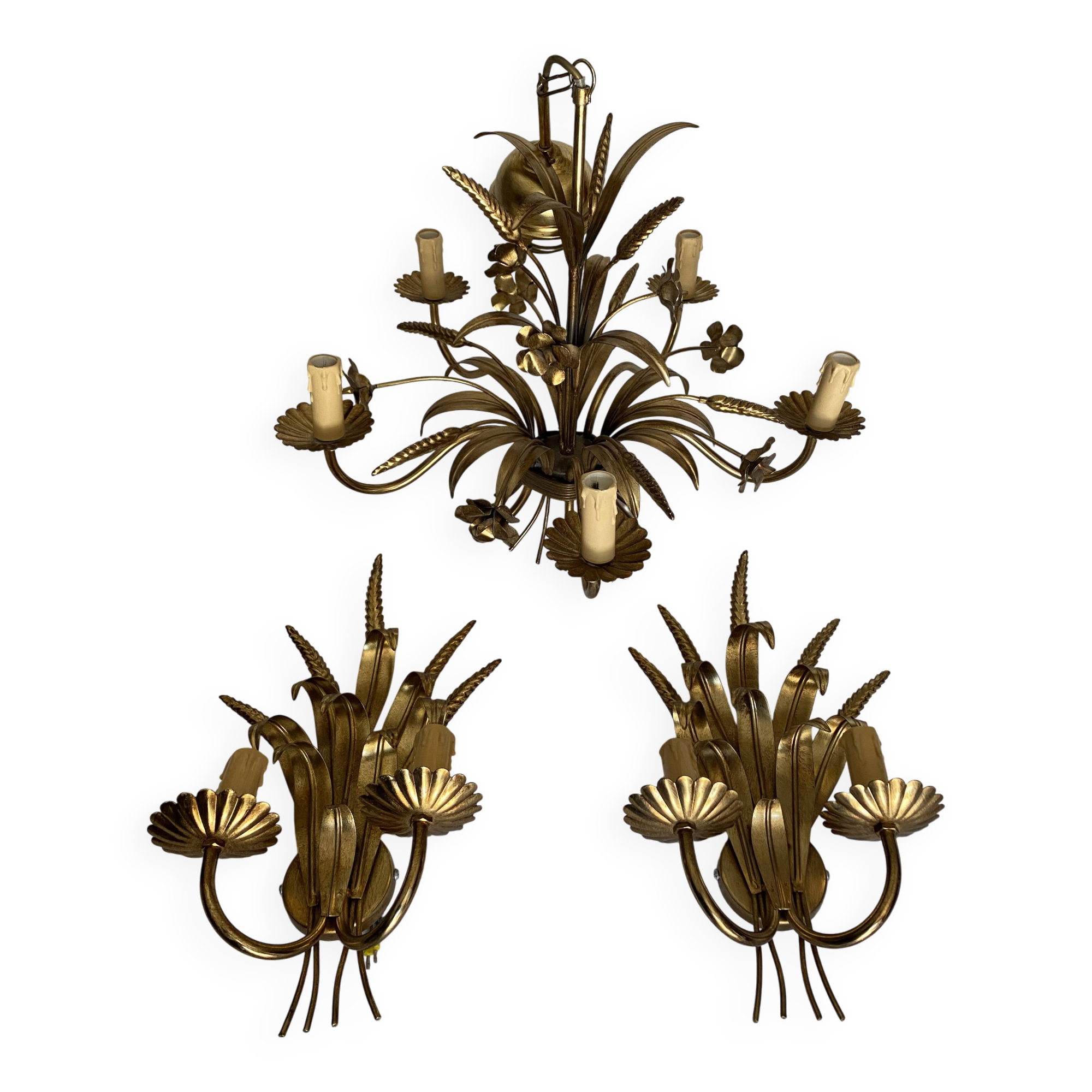 Hans Kögl-style 6-arm chandelier in gilded metal, 1970s, with two wall lights