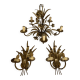 Hans Kögl style 6-arm chandelier in gilded metal, 1970s with two wall lights