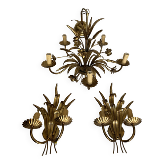 Hans Kögl style 6-arm chandelier in gilded metal, 1970s with two wall lights