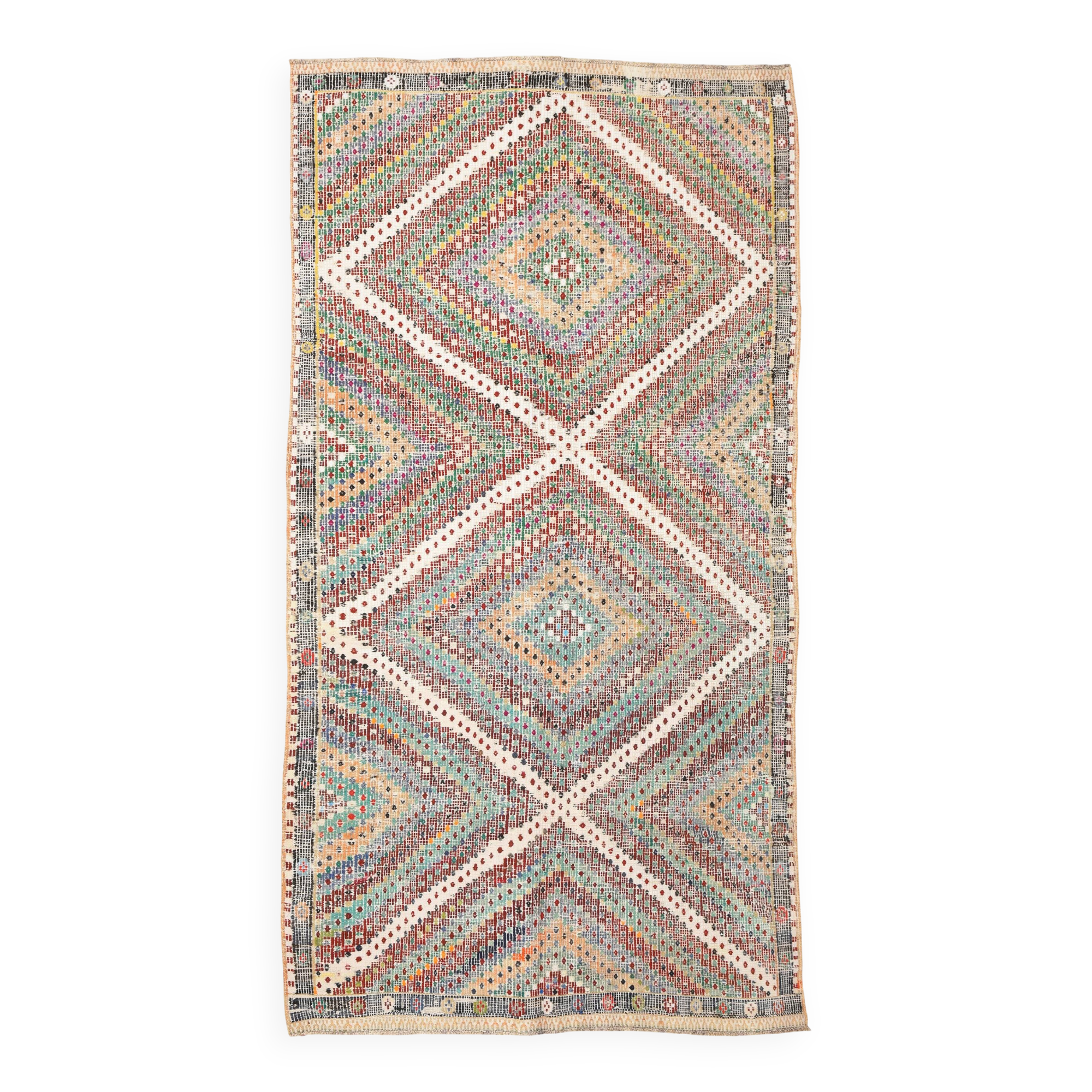 4x8 Green & Beige Vintage Kilim Rug, 133x253Cm