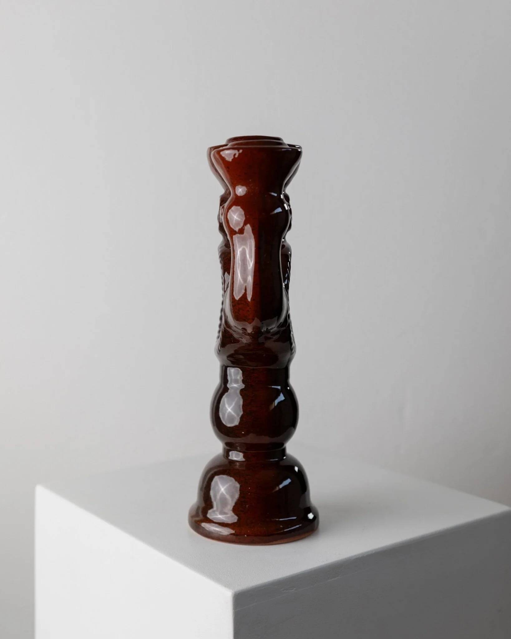 Large brown glazed ceramic candle holder for 3 candles - Brutalist mid-century Estonian design, 1960s