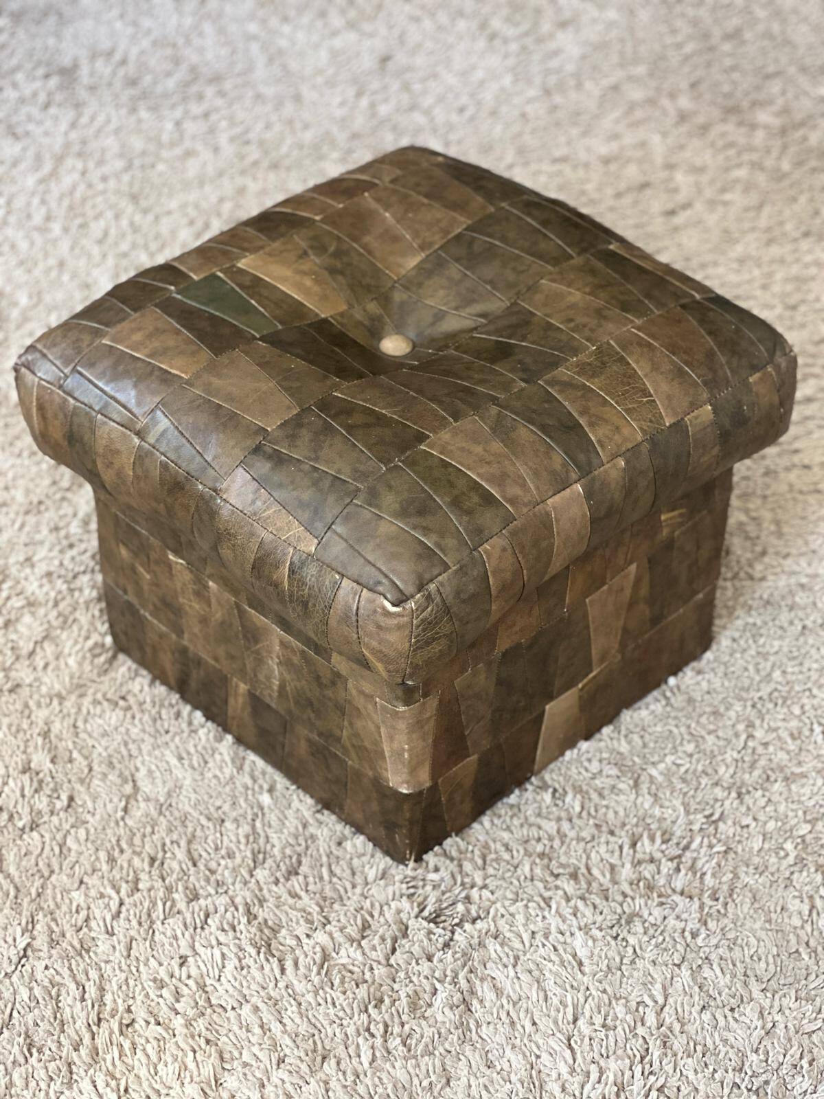 Khaki leather patchwork pouf / chest