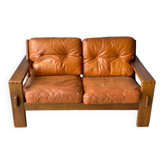 Bonanza vintage 2-seater sofa in solid oak wood and leather 140cm