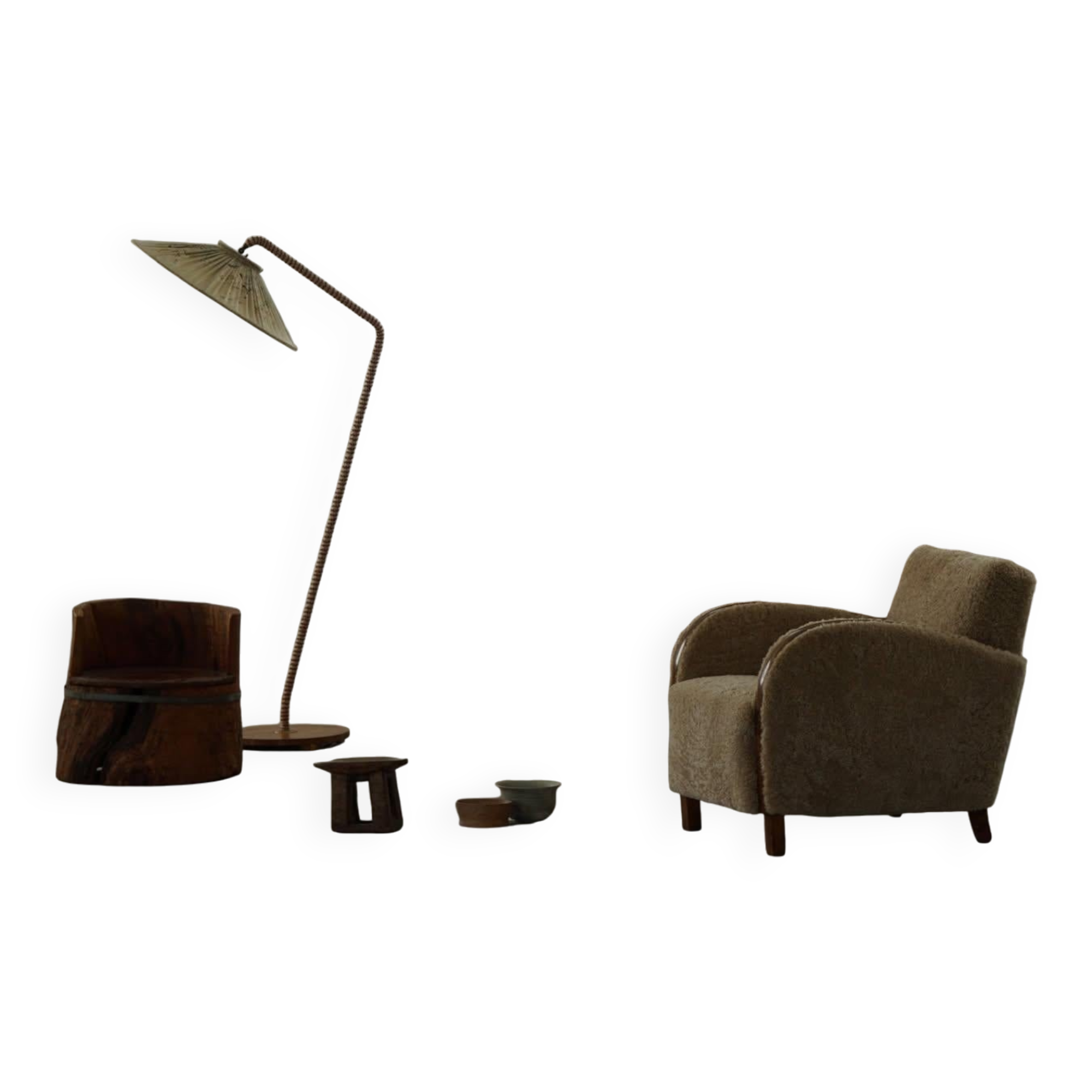 Primitive stump seat in pine, hand-carved, modern Swedish, Wabi Sabi, 1900s.