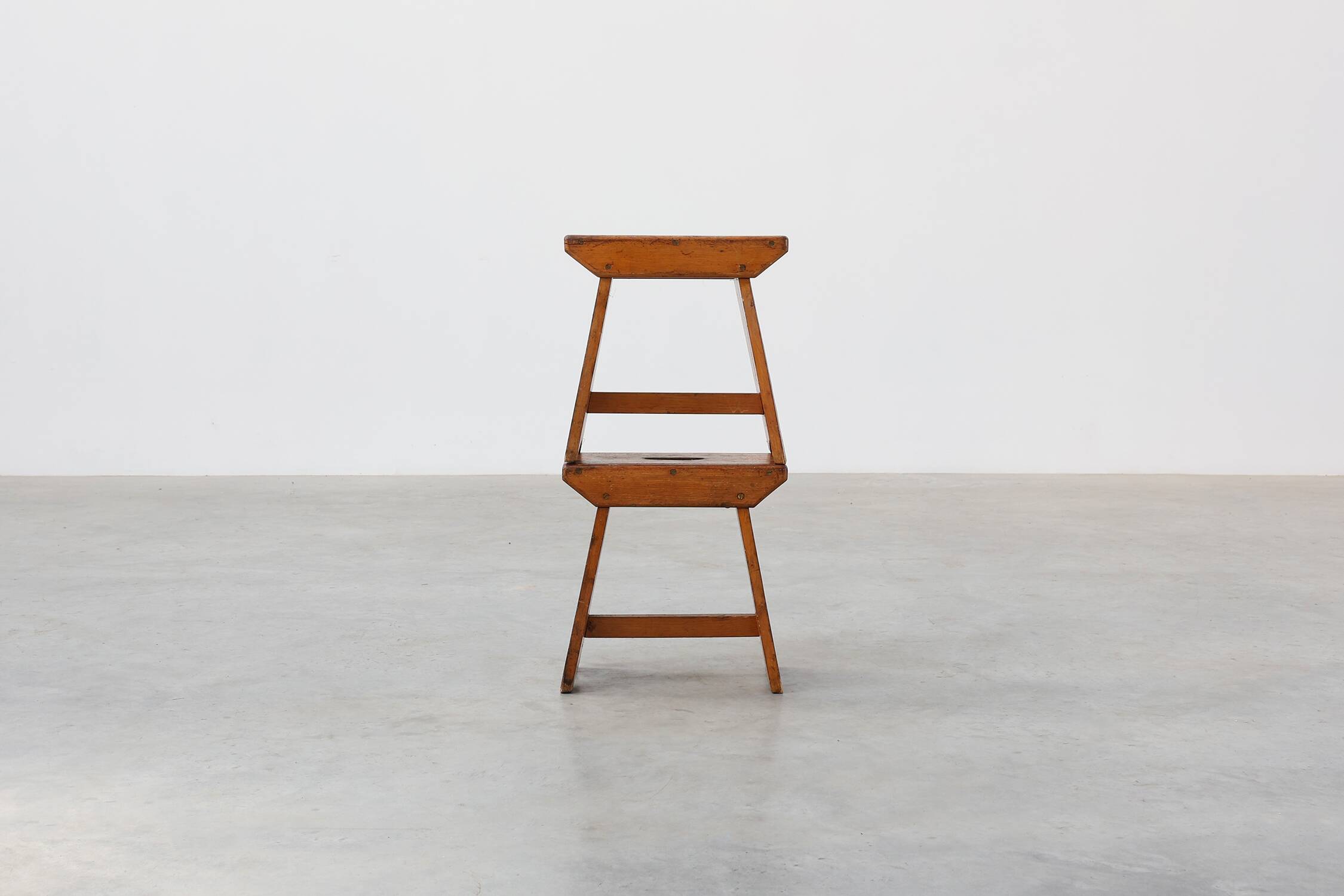 Rustic Pine Stool with Cut-Out Trestle Legs, Sweden, circa 1920