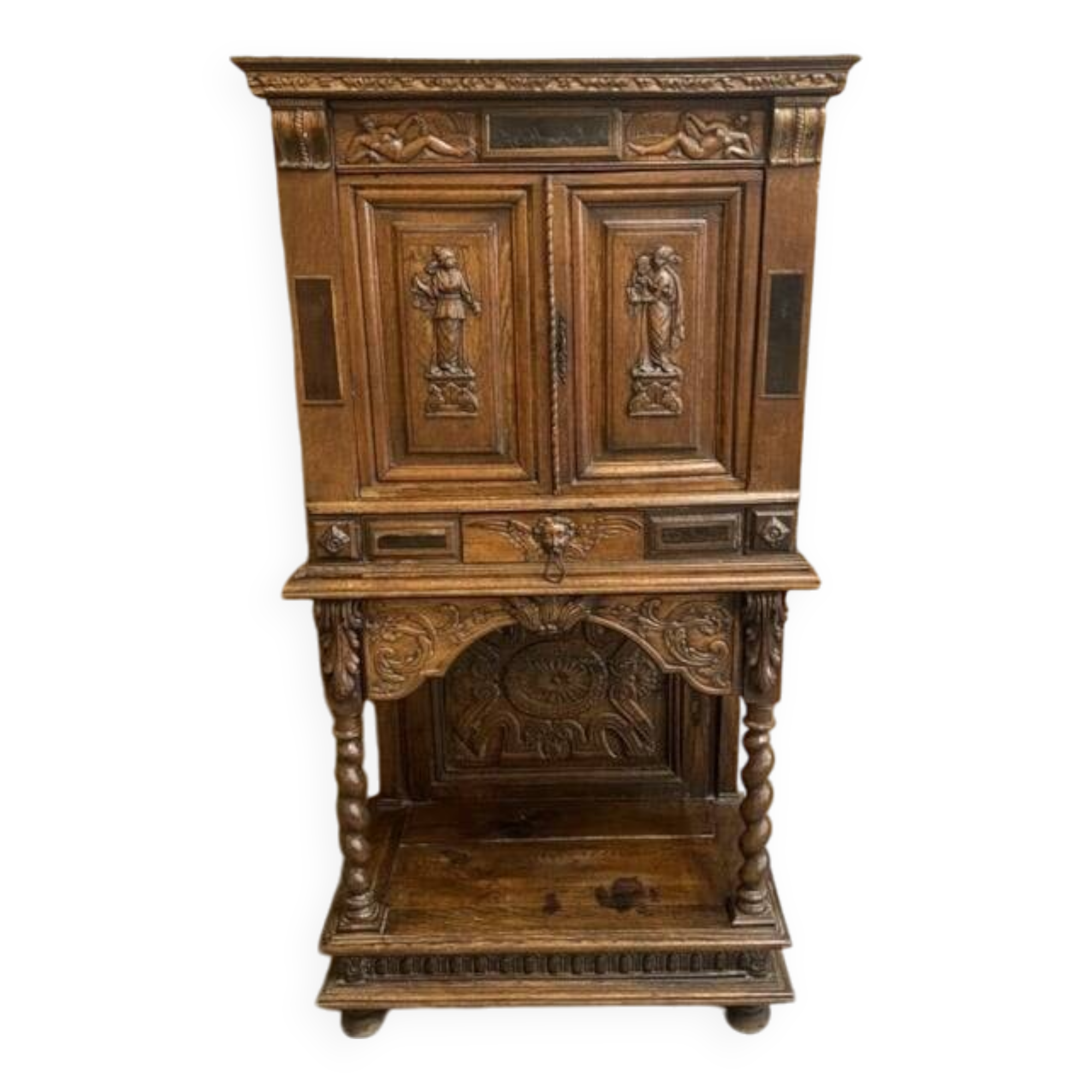 Antique carved wooden jam cupboard, two-part piece of furniture