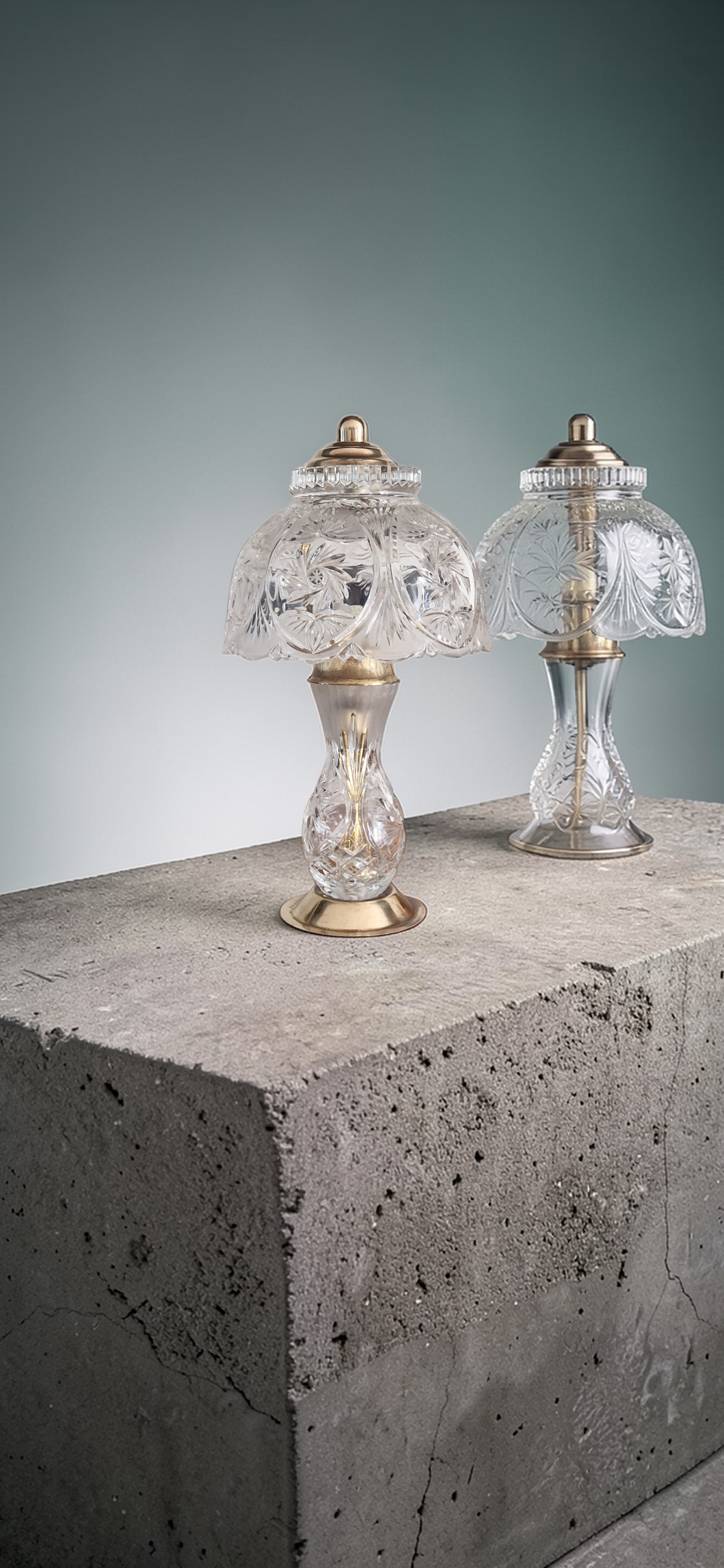 Pair of cut crystal and brass lamps - European production 1950