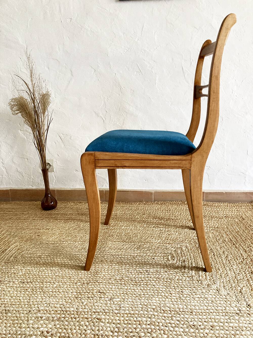 Beech wood chairs, sabre legs and upholstered seat, 1960s-1970s