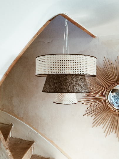 Large triple lampshade in cannage
