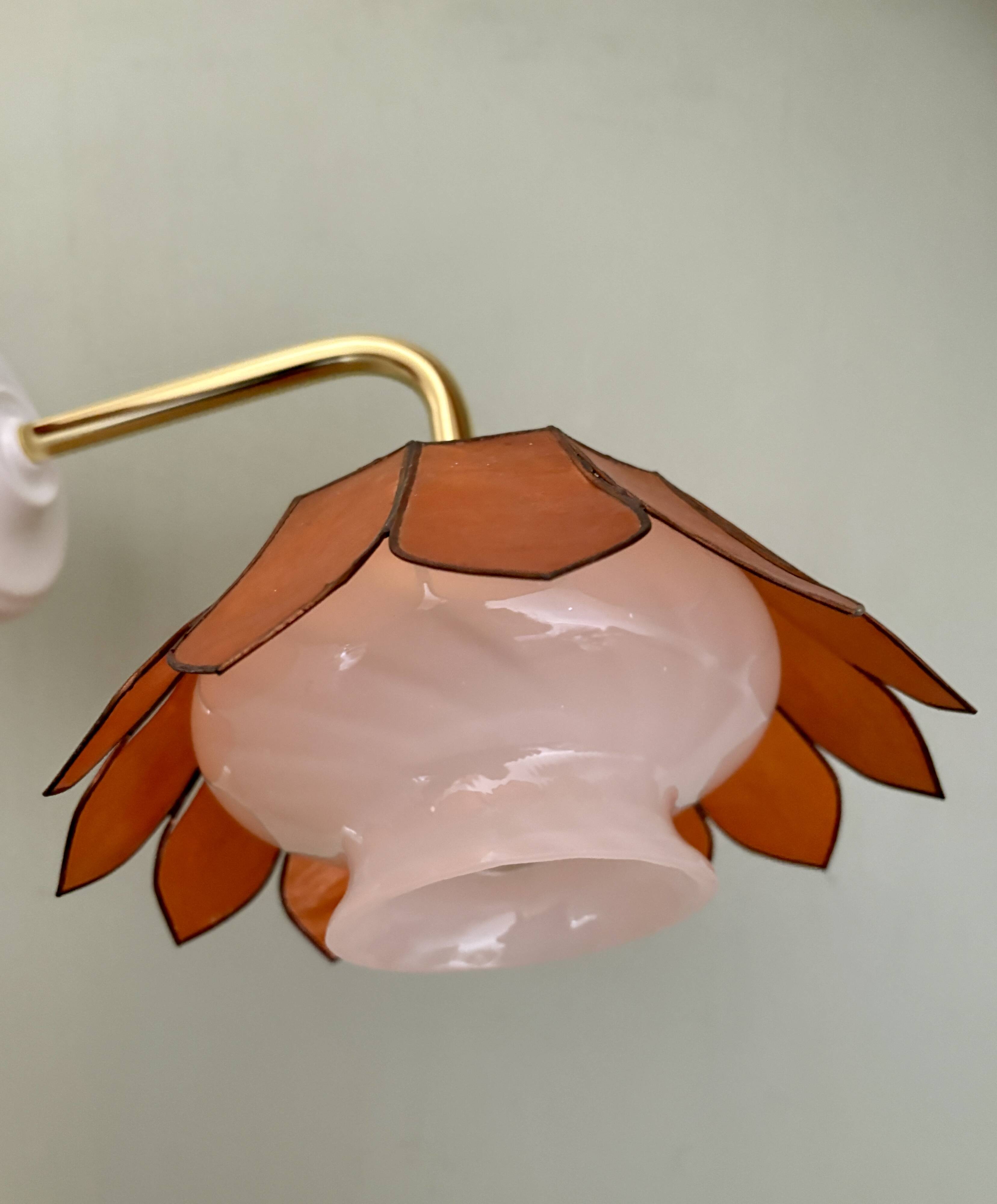 Vintage angled wall lamp with mother-of-pearl lampshade and vintage tulip in white glass