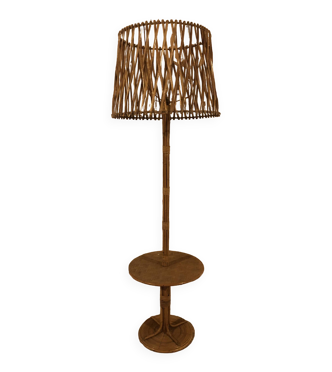Lampadaire Vintage Rotin Et Scoubidou - Porte-revues, Tablette, Porte-plantes - H 170 Cm