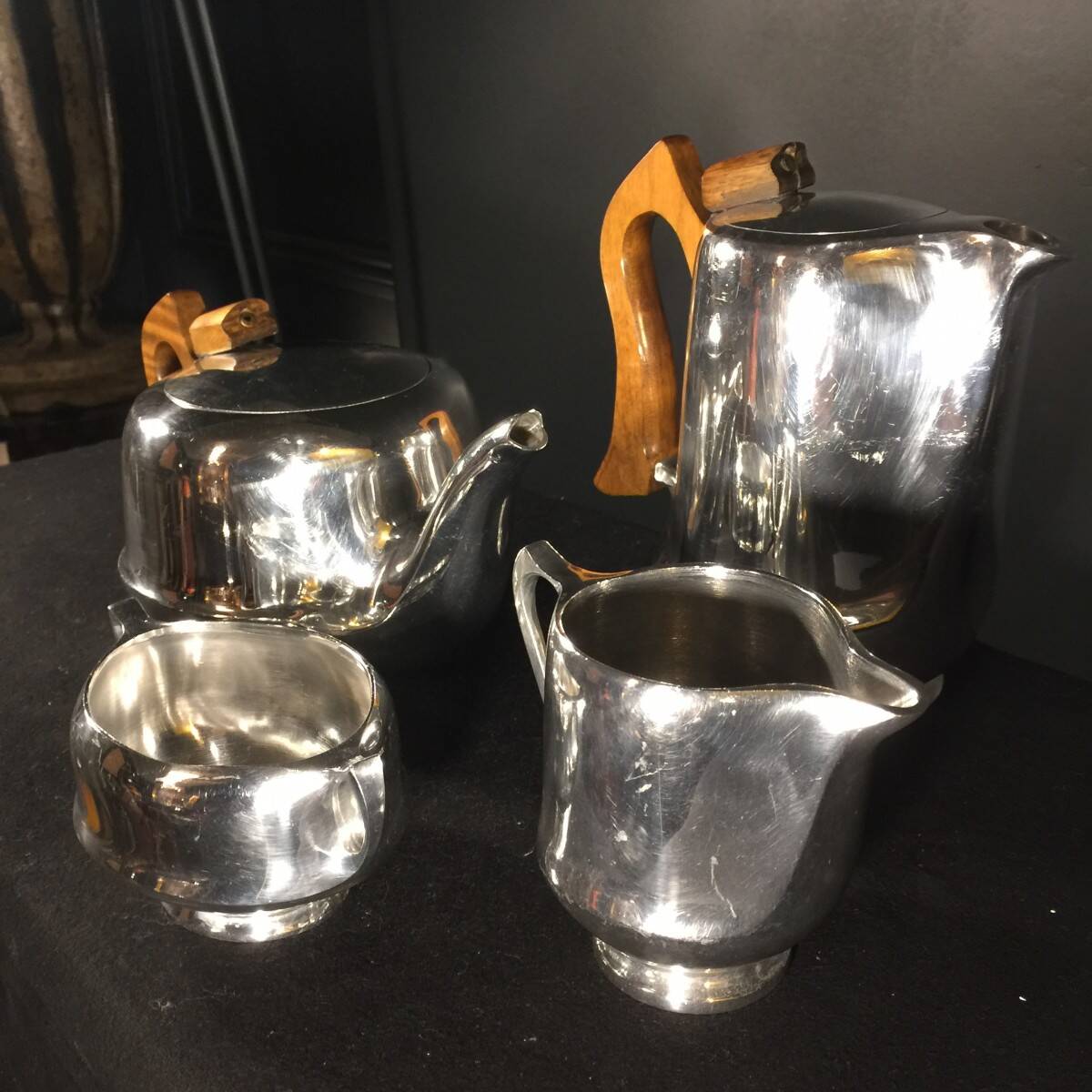 English Design Coffee and Tea Set, Picquot Ware, Brushed Aluminum, 1950