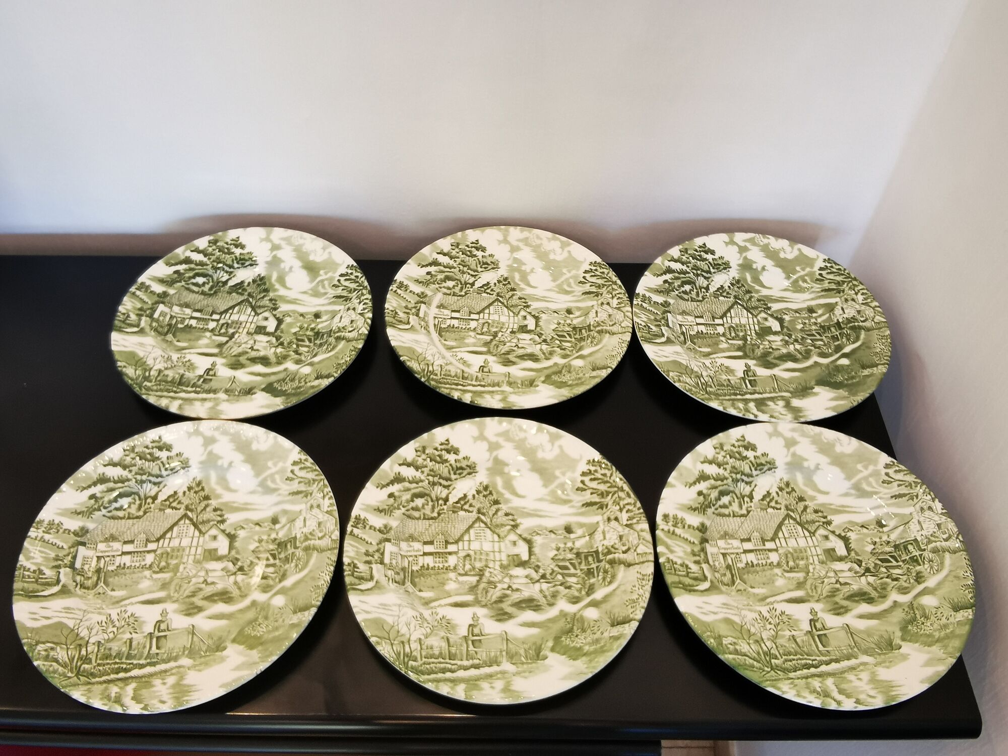 Set of 6 flat plates english style Lunéville verte
