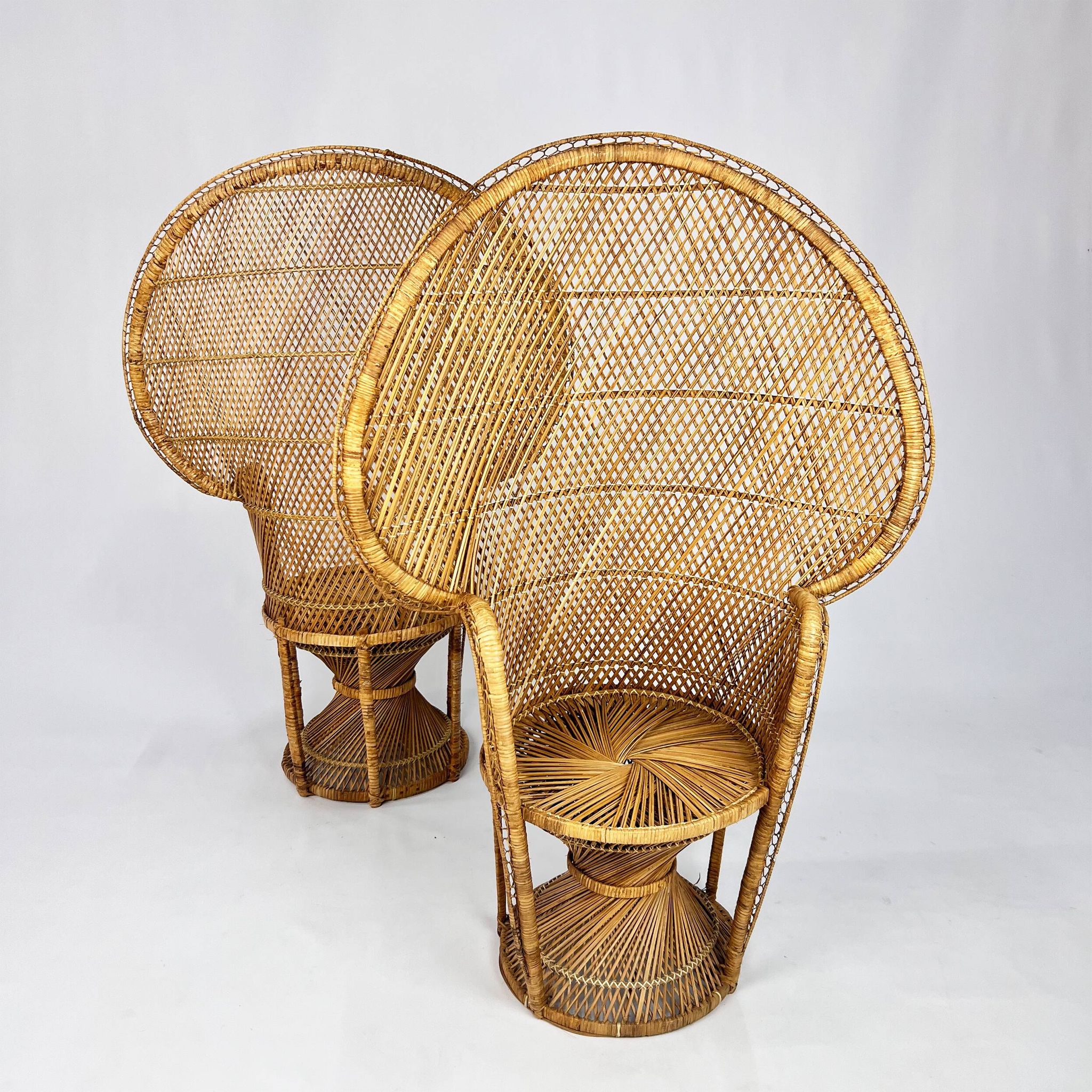 Set of 2 Vintage Rattan and Wicker Peacock Chairs, 1970s