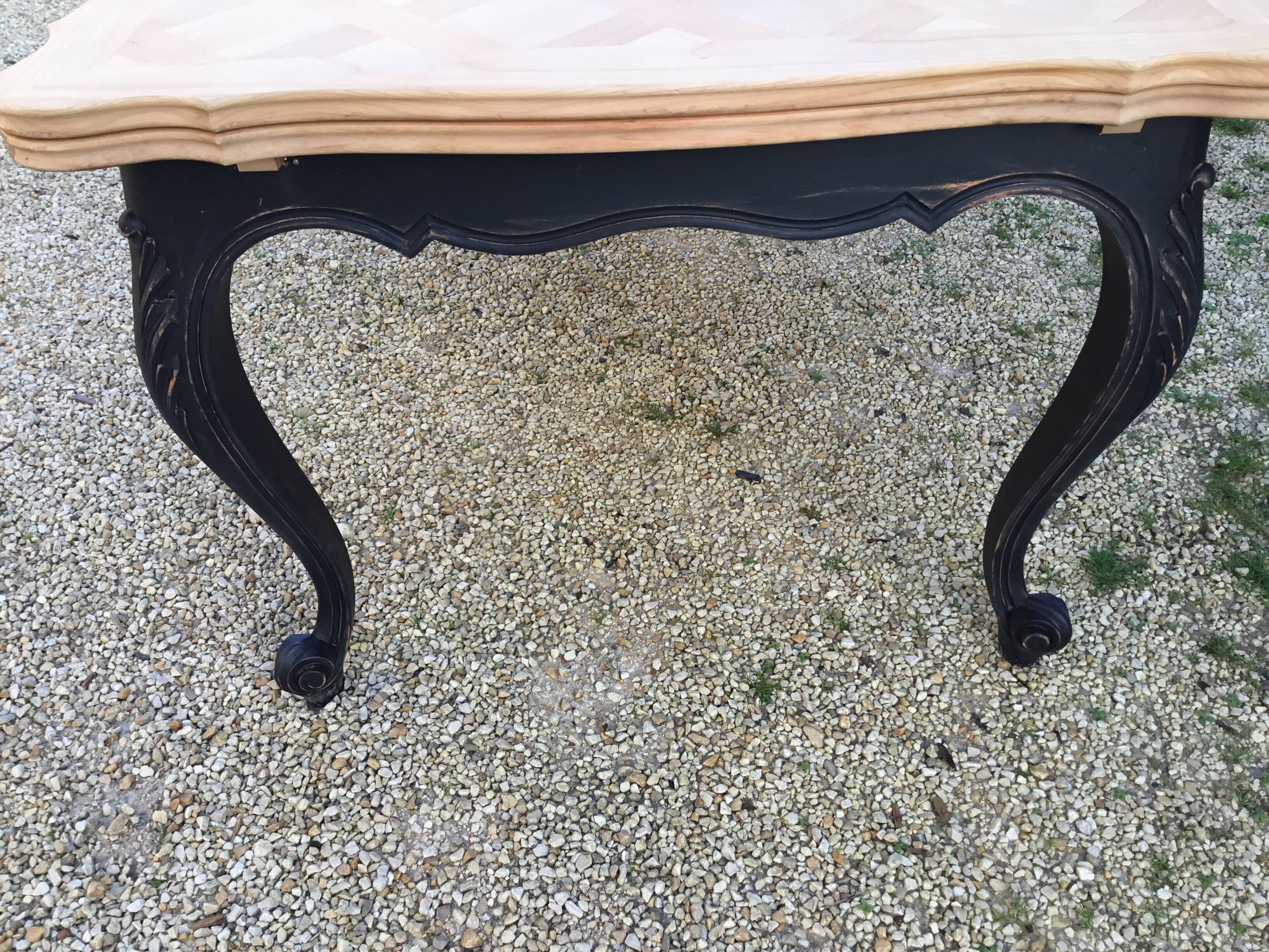 Louis XV style table in cherry wood restyled base in black and raw wood top