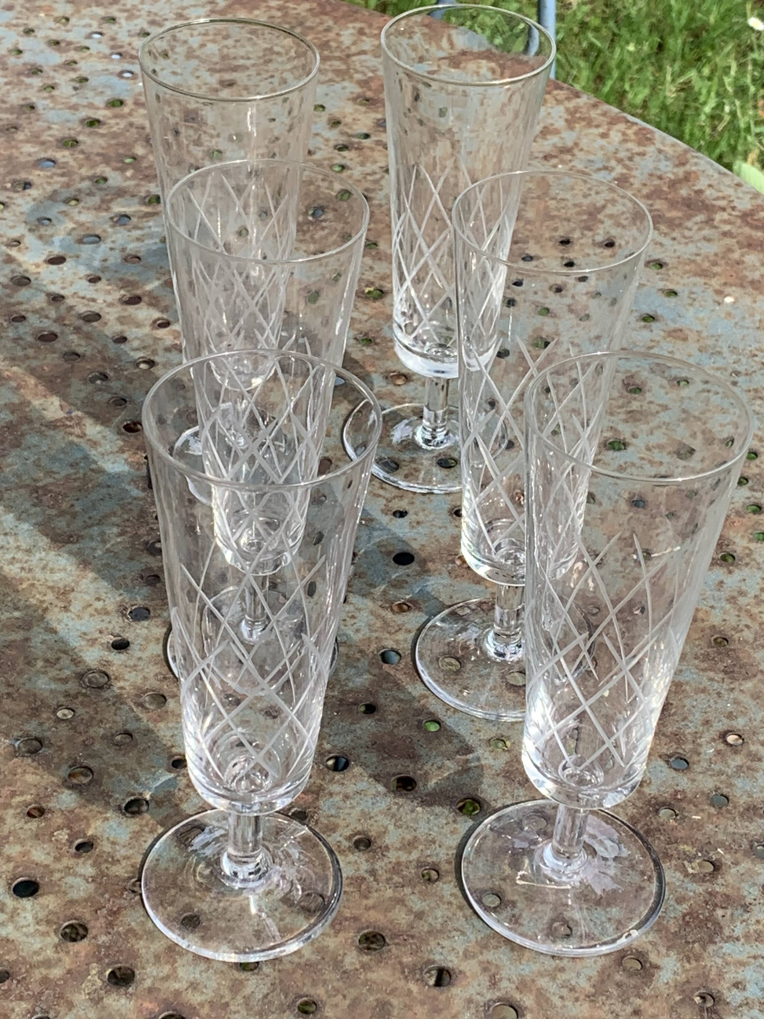 6 vintage clear chiseled crystal and glass champagne flutes