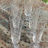 6 vintage clear chiseled crystal and glass champagne flutes