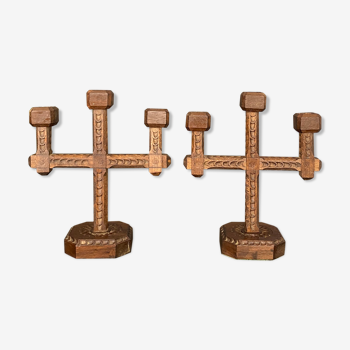 Pair of vintage wood candelabra