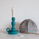 Small old candlestick lamp with hand-stitched flowered lampshade