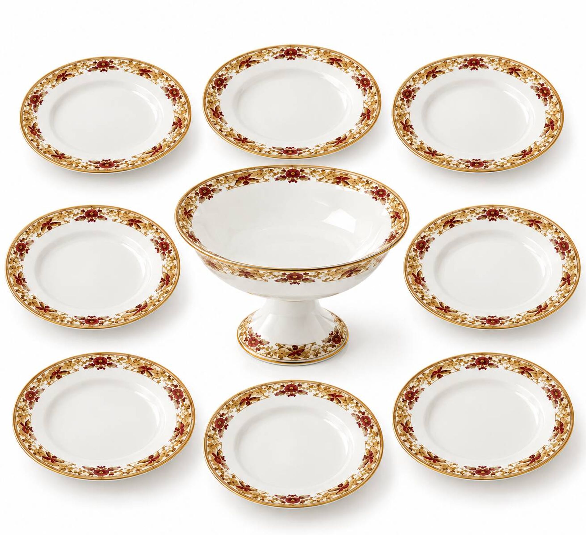 Porcelain service MG early 20th century 8 plates and 1 compote dish.
