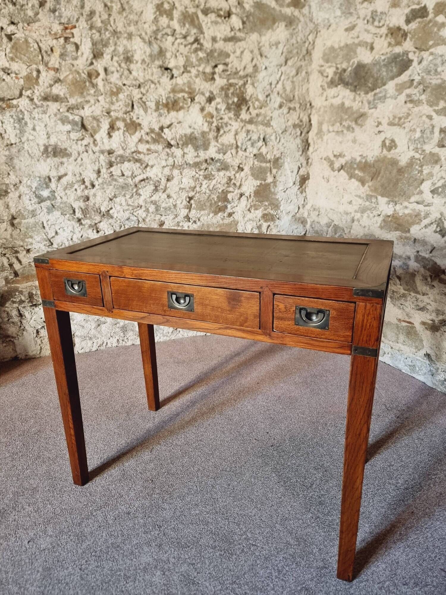 Vintage oak desk – 1970s – Green leather top and 3 drawers