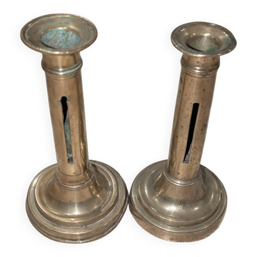 Pair of Antique Candle Holders Solid Brass XIX Vintage Broca