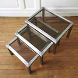Set of 3 nesting stainless steel coffee tables 1970