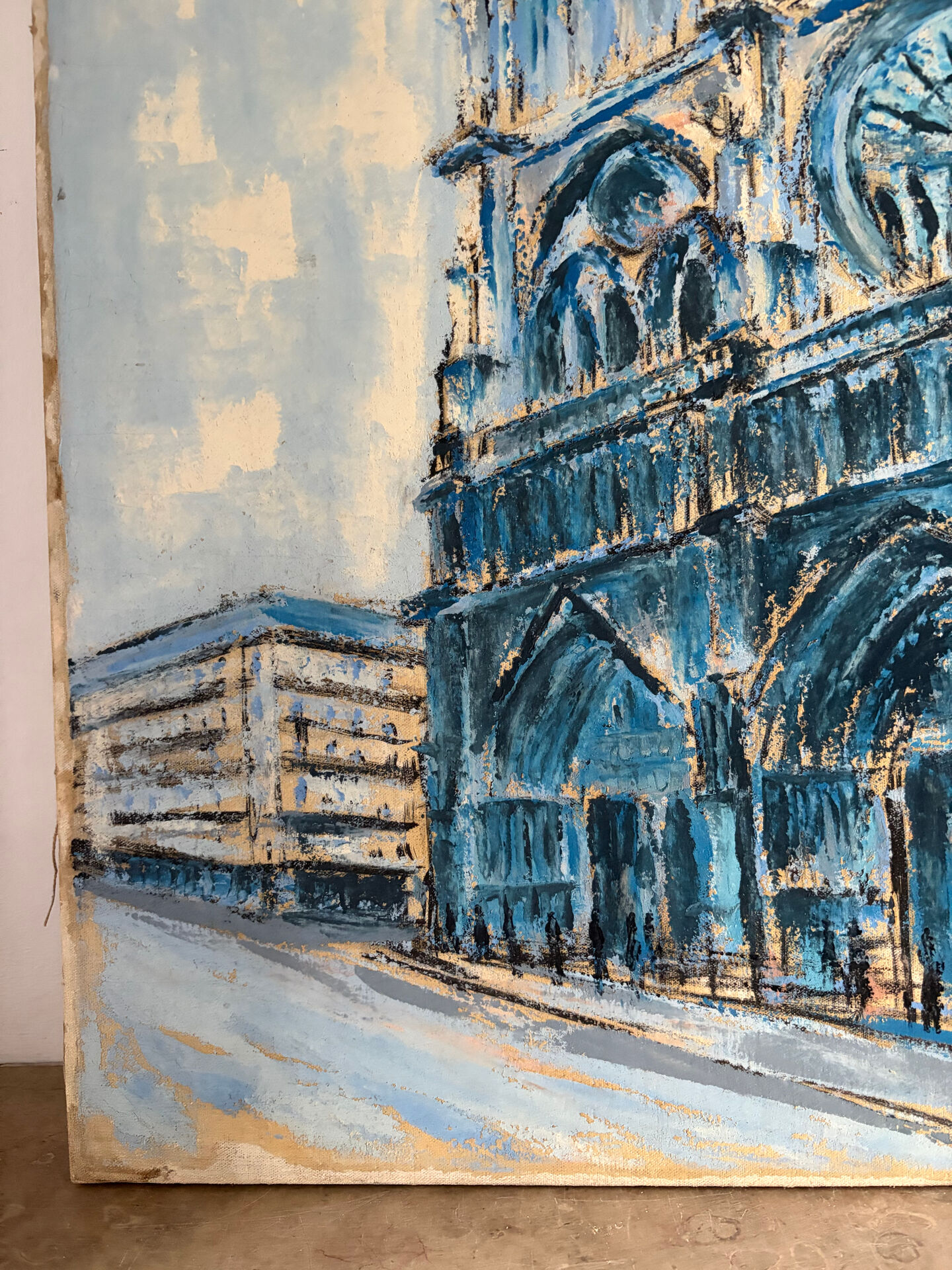 Notre Dame en bleu, huile sur toile signée