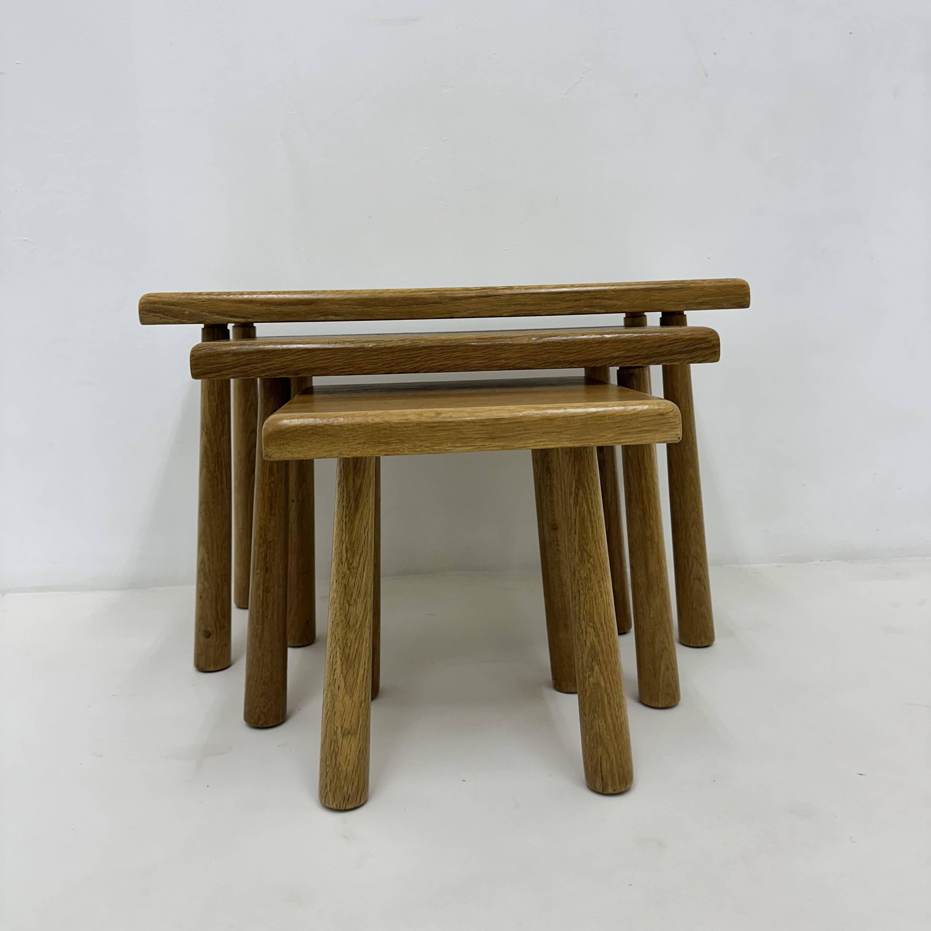 Set of nesting tables solid oak wood brutalist , 1970s