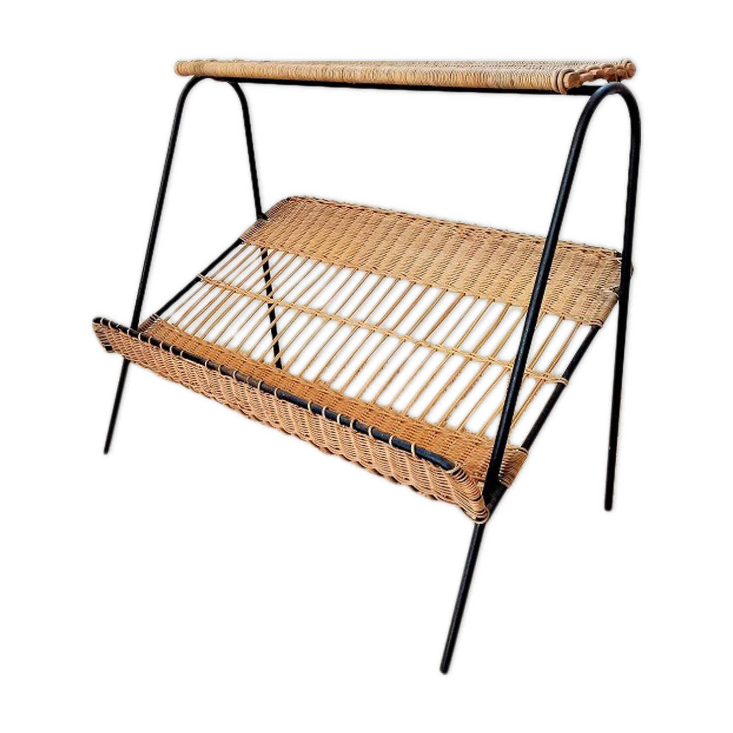 Magazines rack metal shelf and wicker years 50