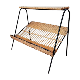 Magazines rack metal shelf and wicker years 50