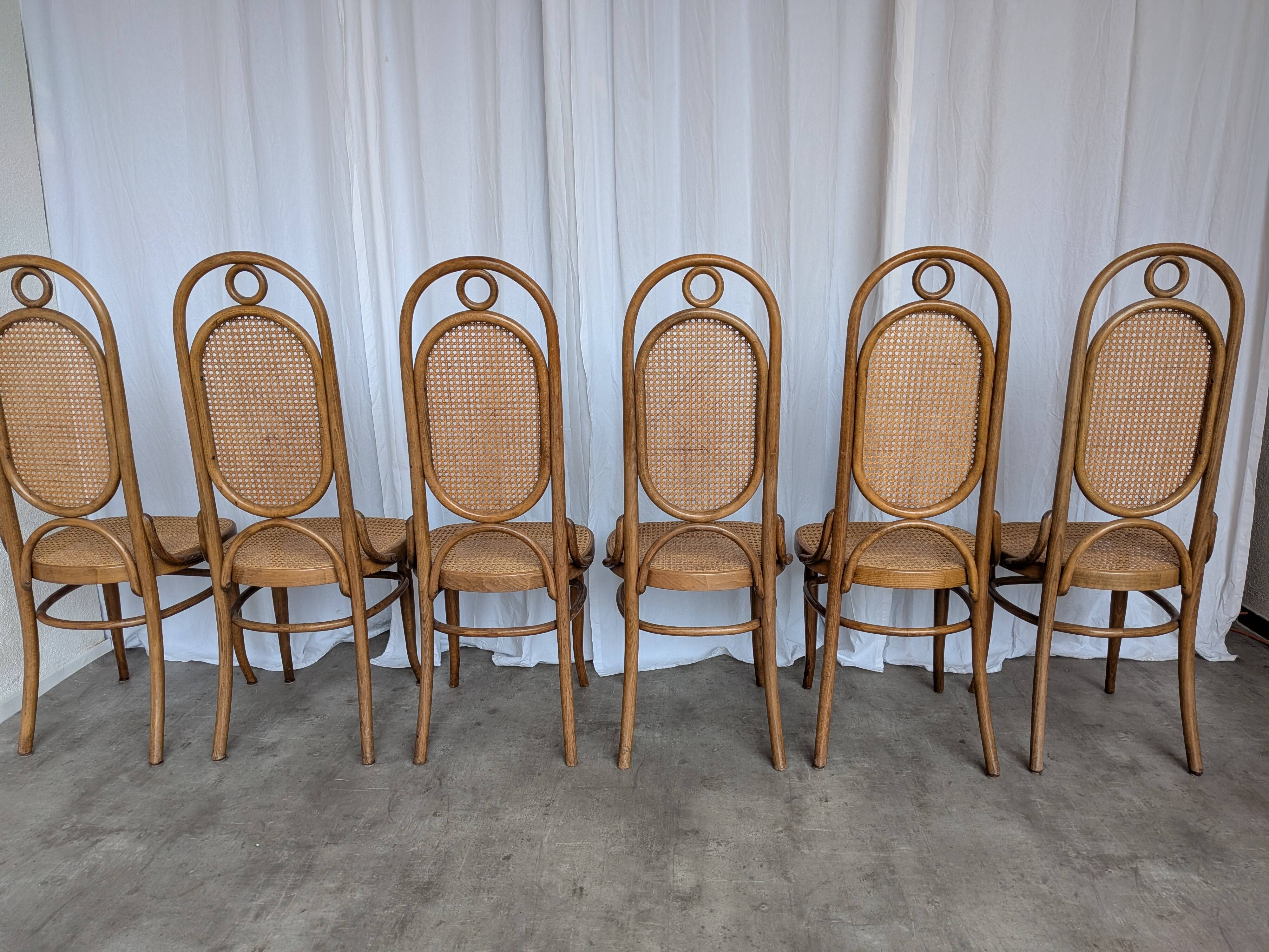 Set of 6 Vintage Bentwood Cane Dining Chair, Thonet Style, 1970s Yugoslavia