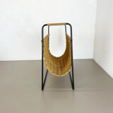 Aubock Style Mid-Century Rattan Bauhaus Magazine Holder, France, 1950s