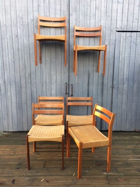 Suite de 6 chaises scandinaves en teck et corde