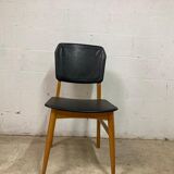 Chaise vintage : bois et cuir skai noir