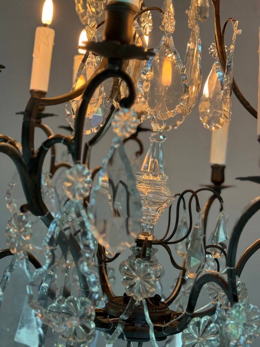 Black patinated bronze cage chandelier decorated with cut crystal pendants circa 1900