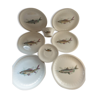 Fish set, 6 plates, sauce pot and saucer