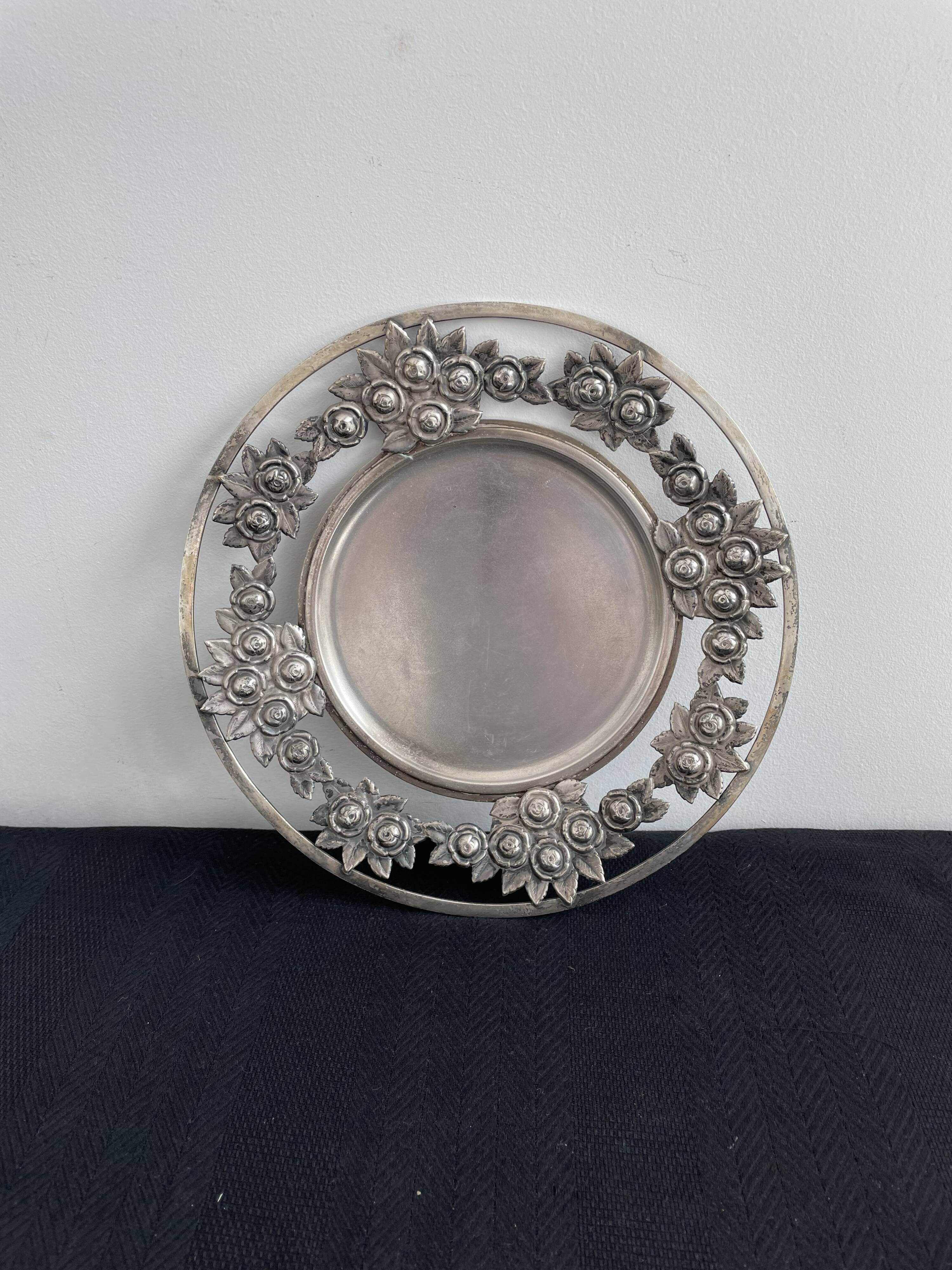 Vintage, round dish, silver metal, stylized leaf and rose decoration, French work, France