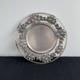 Vintage, round dish, silver metal, stylized leaf and rose decoration, French work, France