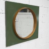 Unusual round wall mirror 60 cm teak edge on green rectangular board 1960.