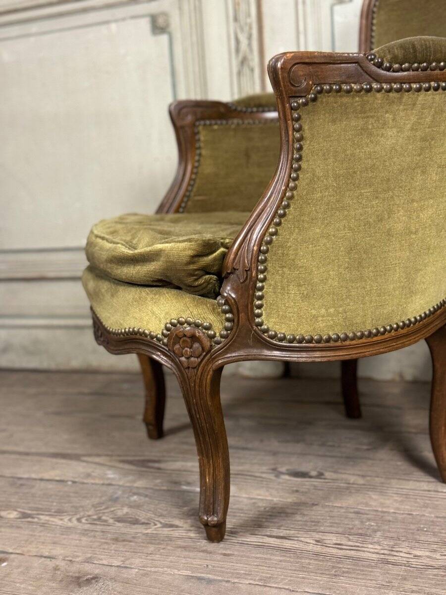 Pair of louis xv style armchairs in carved beech around 1920