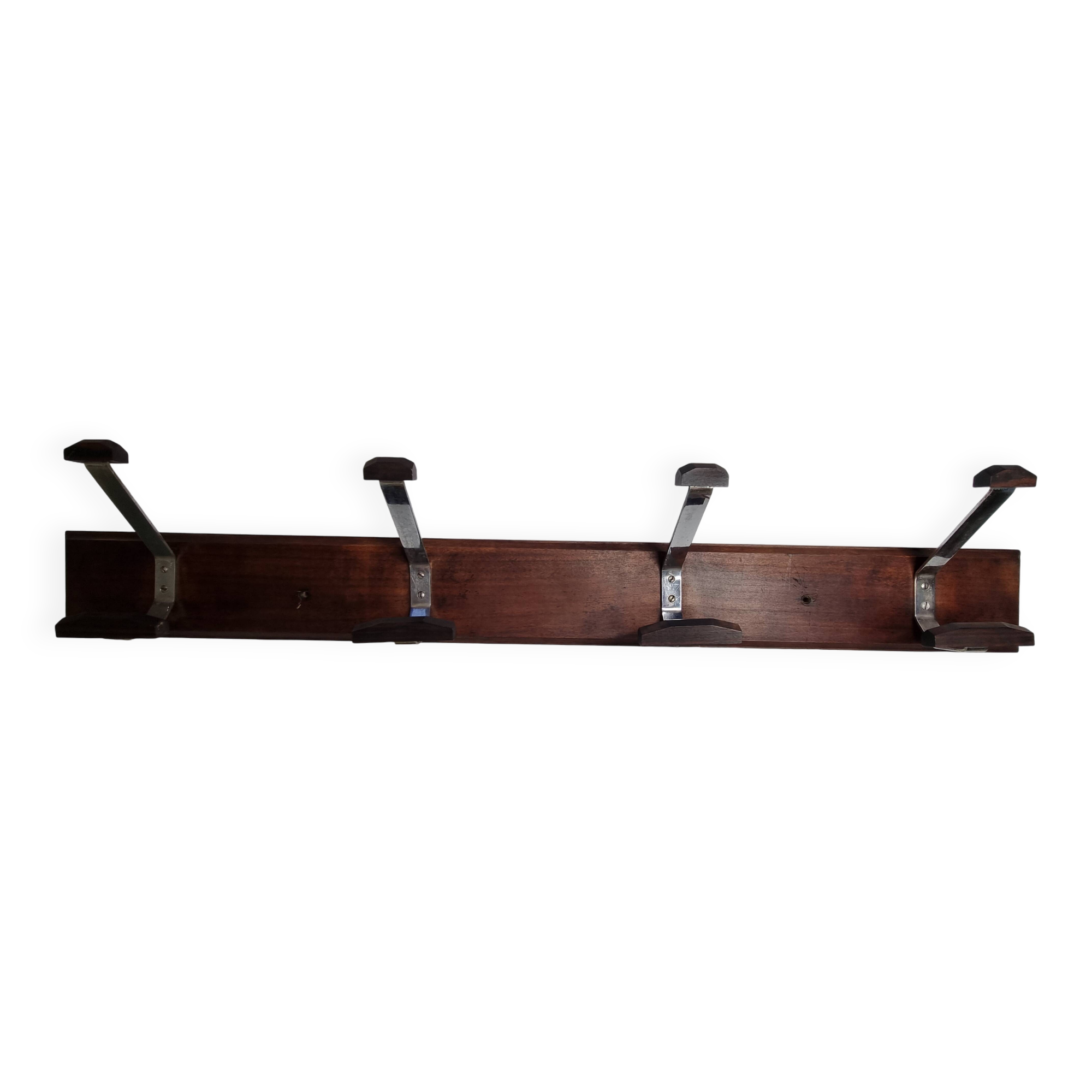 Wall-mounted coat rack in wood and metal, 4 hooks, industrial style, 100 cm