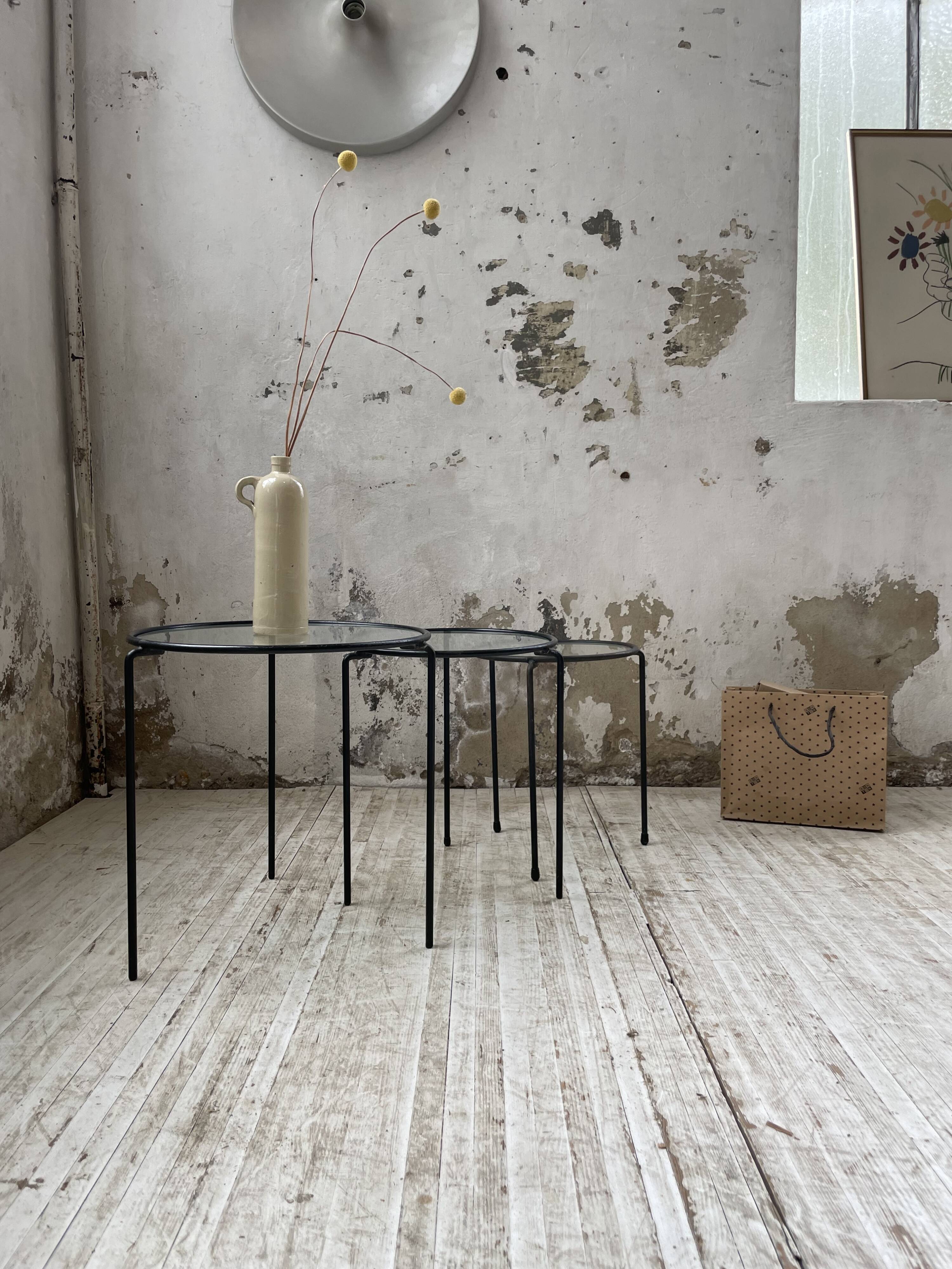 50s metal and glass nesting coffee tables