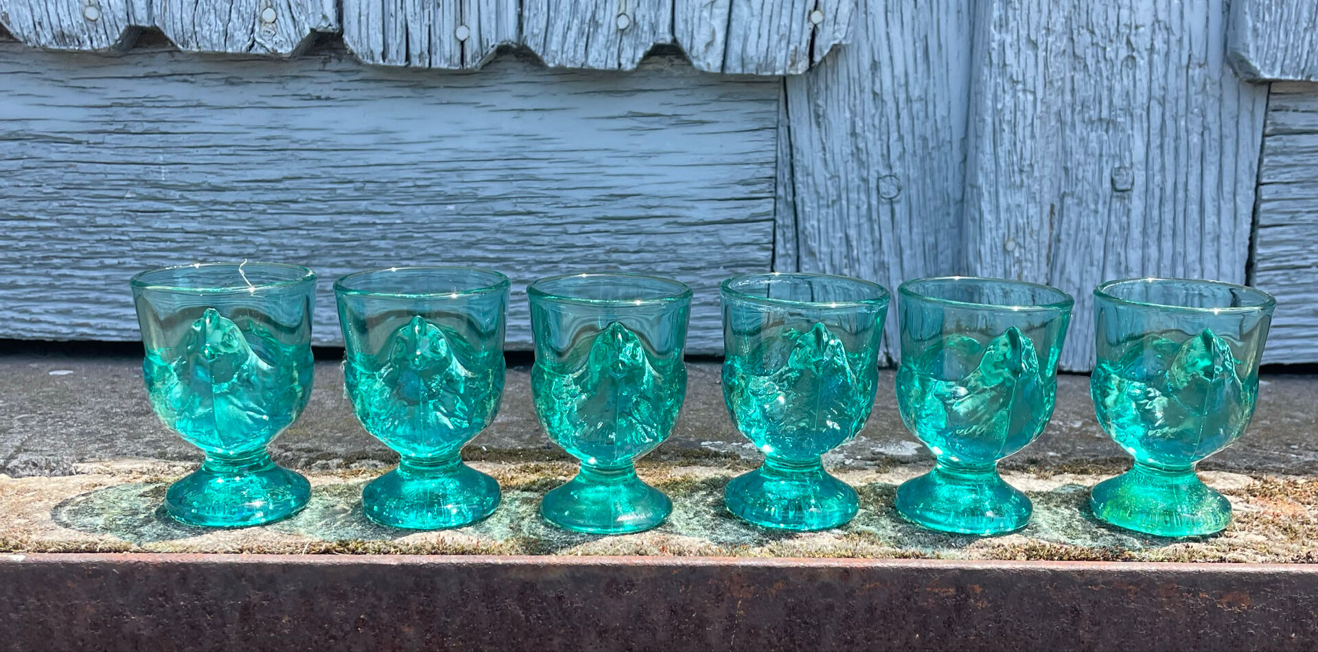6 vintage turquoise chicken egg cups