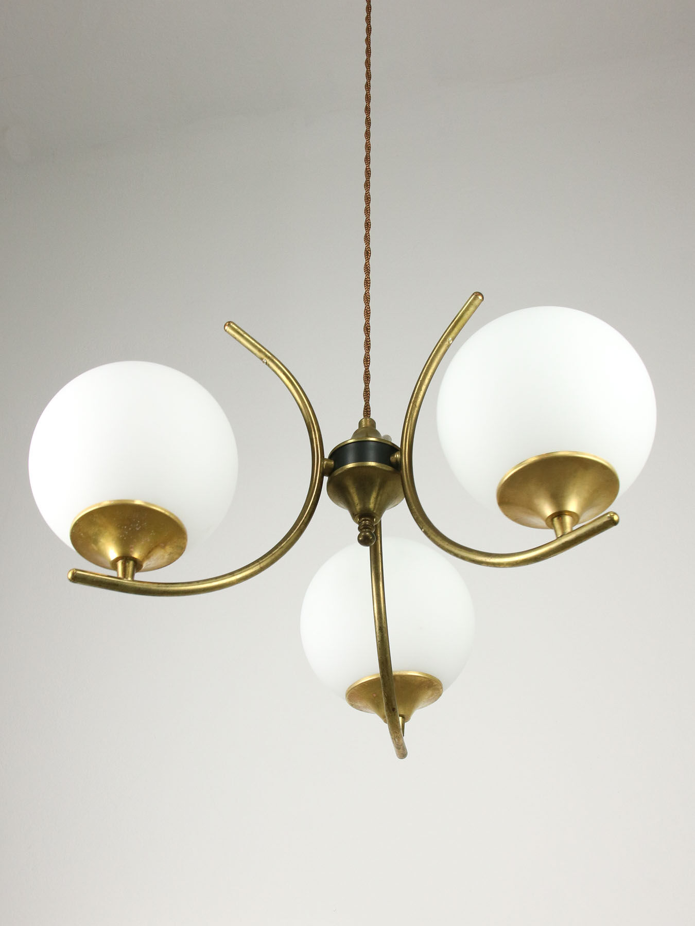 Mid century italian brass and opaline chandelier
